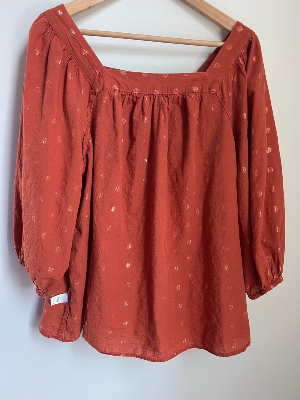 LC Lauren Conrad | Womenâs Rust Red Off-Shoulder Peasant Top Metallic Dots Sz 0X - Picture 8 of 16